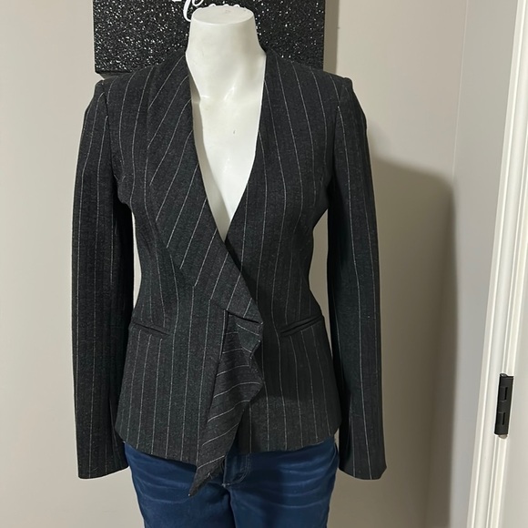 SAYLOR Striped Blazer Black White Ruffle Shawl Collar Pockets Career Sz S - Picture 1 of 10